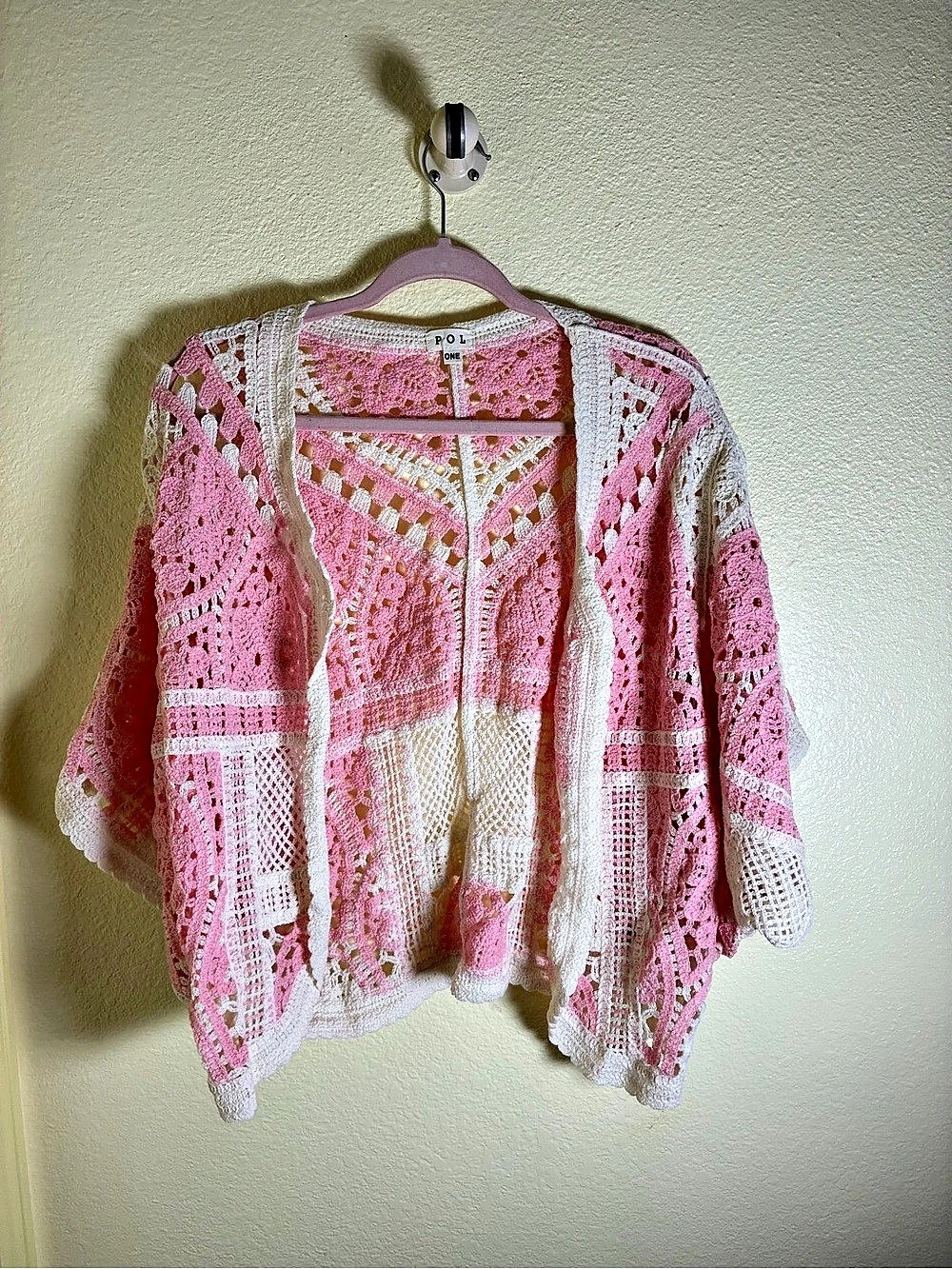 NWOT POL Harmony Granny Square Crochet Cardigan Pink & White, Size ONE